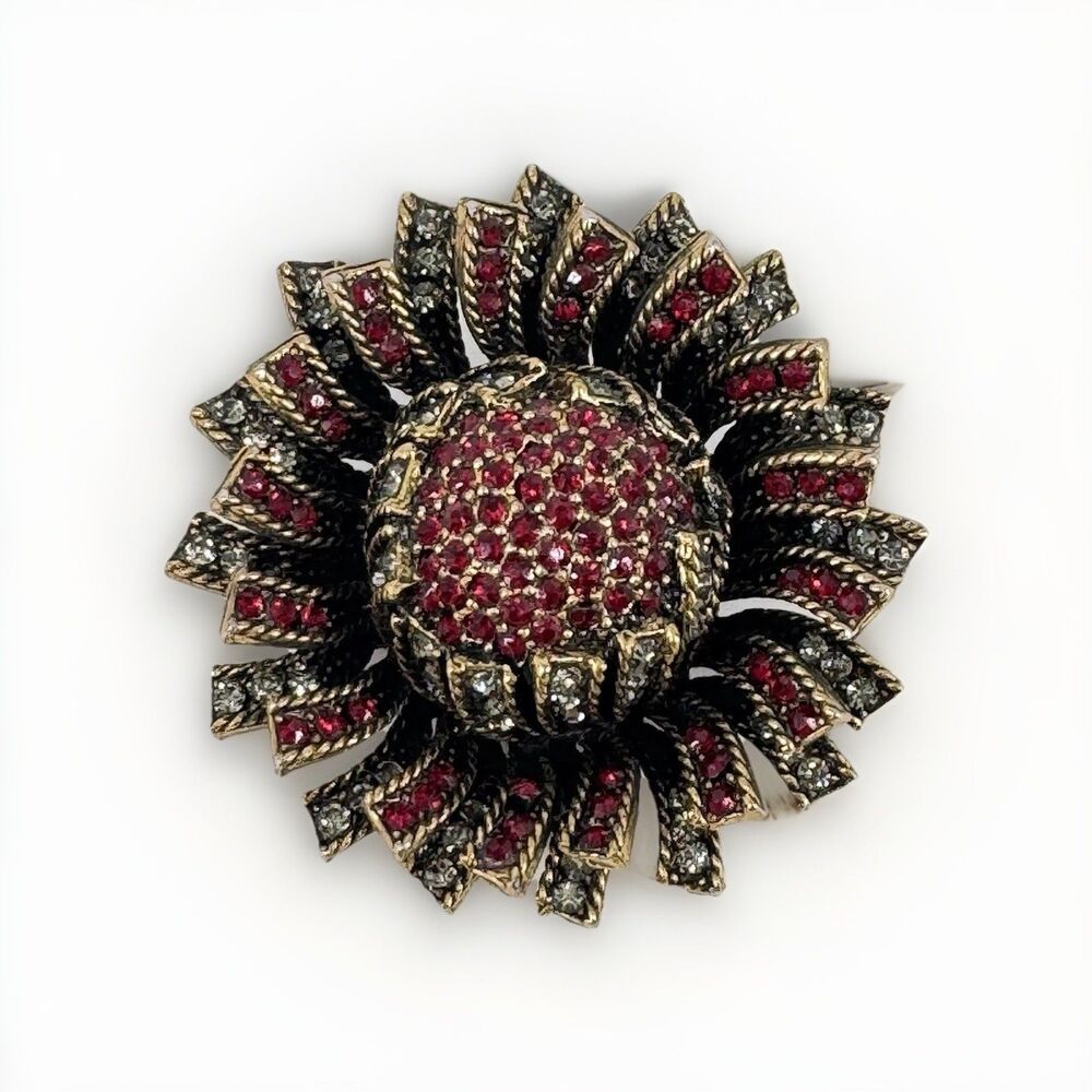 Vintage HAR Red Rhinestone Flower Brooch Gold Tone 2” Signed Statement Pin